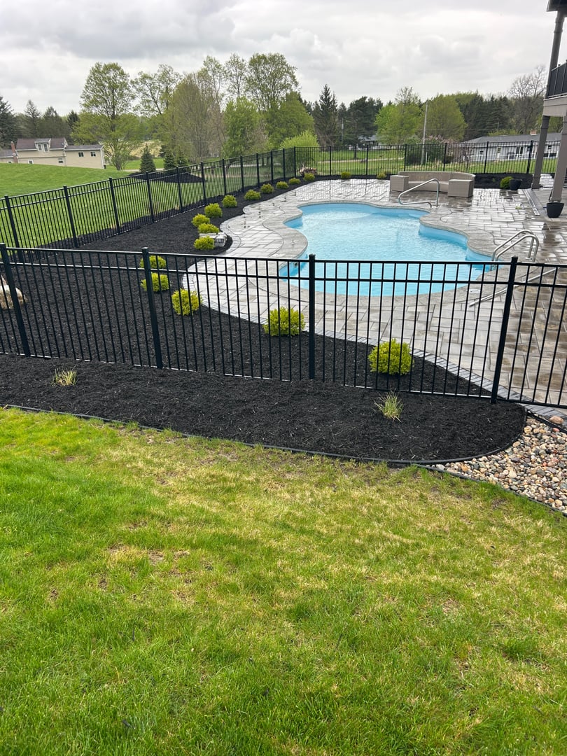 Residential outdoor pool and patio with surrounding custom landscaping
